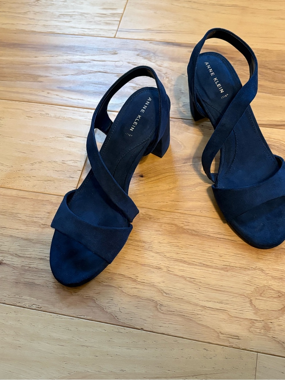 Anne Klein Navy Blue Suede Crisscross Block Heel Sandals - Picture 3 of 3